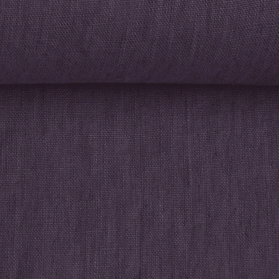 Washed linen fabric in eggplant colour, 205 g/m²