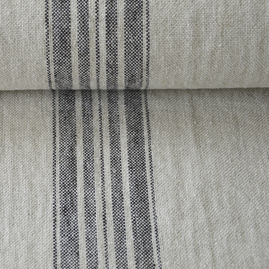 Washed linen fabric in black stripes, 380 g/m²